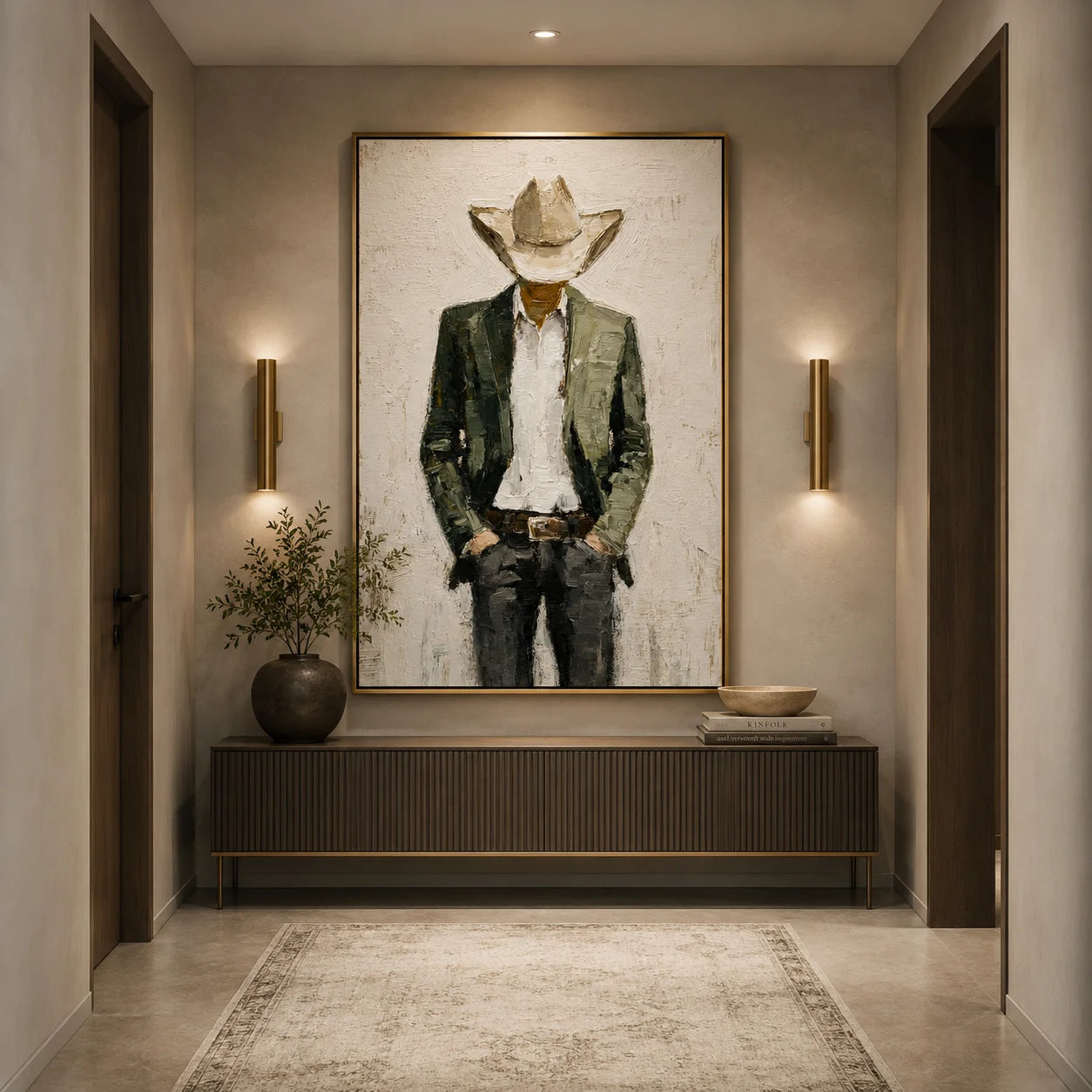 Hand-Painted Western Cowboy Oil Painting, Textured Ranch Portrait Canvas Wall Art for Rustic Luxury Home Decor#OA 0935
