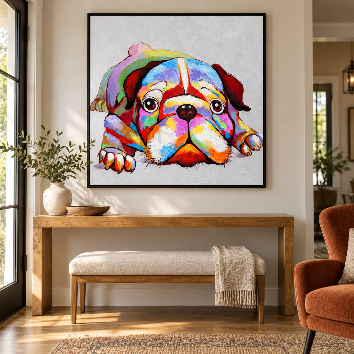 Ownanart Hand-Painted Colorful English Bulldog Resting Oil Painting – Expressive Dog Portrait and Modern Pop Art, 3D Textured Square Impasto Canvas Wall Art for Living Room Bedroom Entryway and Office #OA 1578