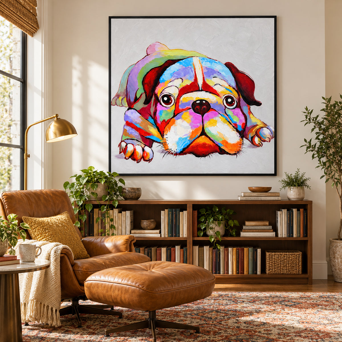 Ownanart Hand-Painted Colorful English Bulldog Resting Oil Painting – Expressive Dog Portrait and Modern Pop Art, 3D Textured Square Impasto Canvas Wall Art for Living Room Bedroom Entryway and Office #OA 1578