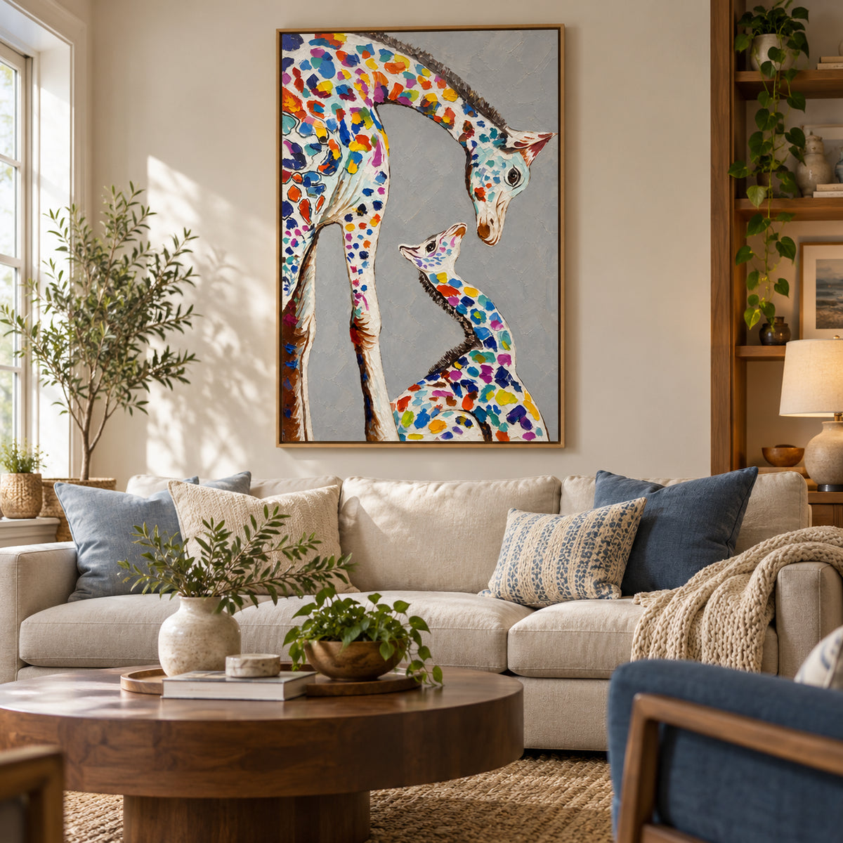 Ownanart Hand-Painted Colorful Mother and Baby Giraffe Oil Painting – Tender Giraffe Family Portrait and Animal Art, 3D Textured Vertical Impasto Canvas Wall Art for Living Room Bedroom Entryway and Office #OA 1579