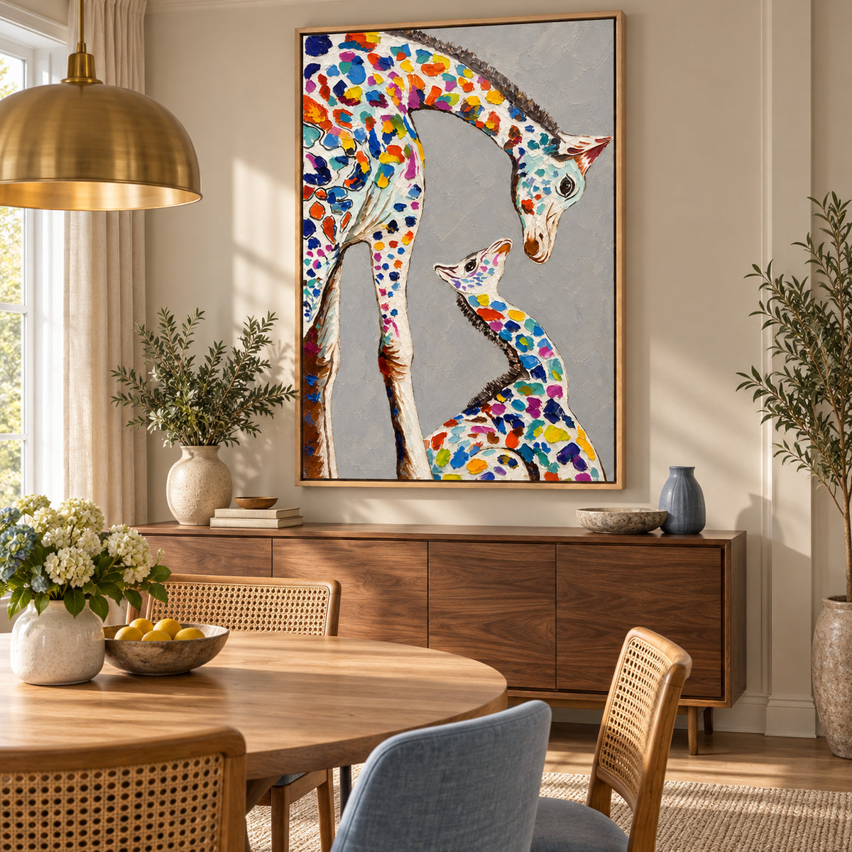 Ownanart Hand-Painted Colorful Mother and Baby Giraffe Oil Painting – Tender Giraffe Family Portrait and Animal Art, 3D Textured Vertical Impasto Canvas Wall Art for Living Room Bedroom Entryway and Office #OA 1579