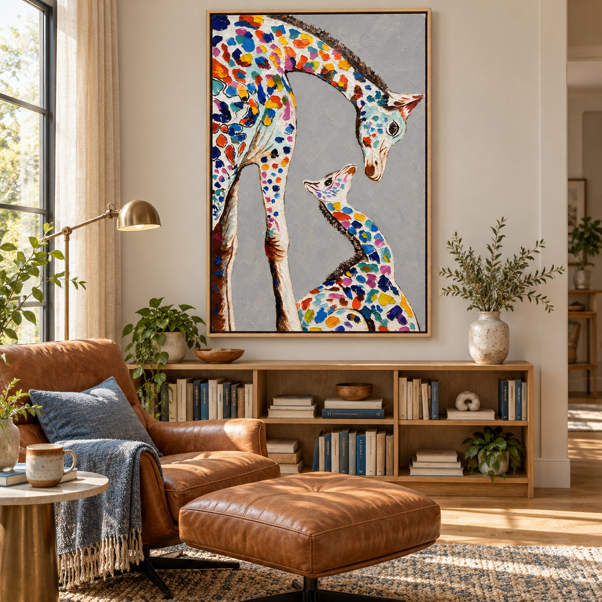 Ownanart Hand-Painted Colorful Mother and Baby Giraffe Oil Painting – Tender Giraffe Family Portrait and Animal Art, 3D Textured Vertical Impasto Canvas Wall Art for Living Room Bedroom Entryway and Office #OA 1579