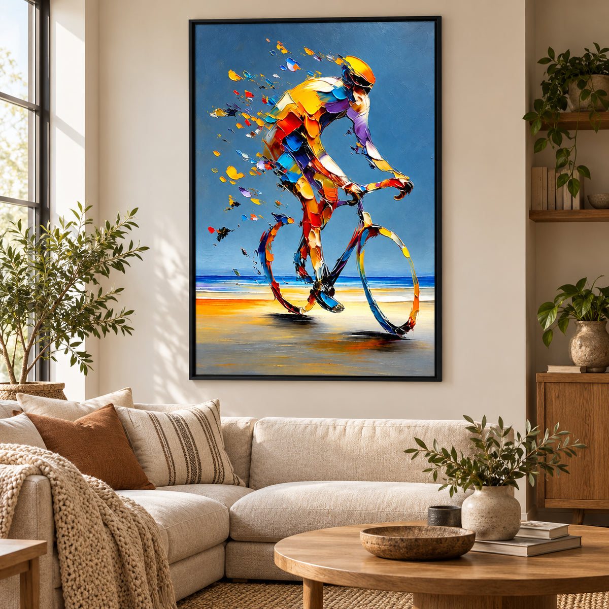 Ownanart Hand-Painted Colorful Road Cyclist in Motion Oil Painting – Modern Sport Art, 3D Textured Vertical Impasto Canvas Wall Art for Living Room Bedroom Entryway and Office OA 1582