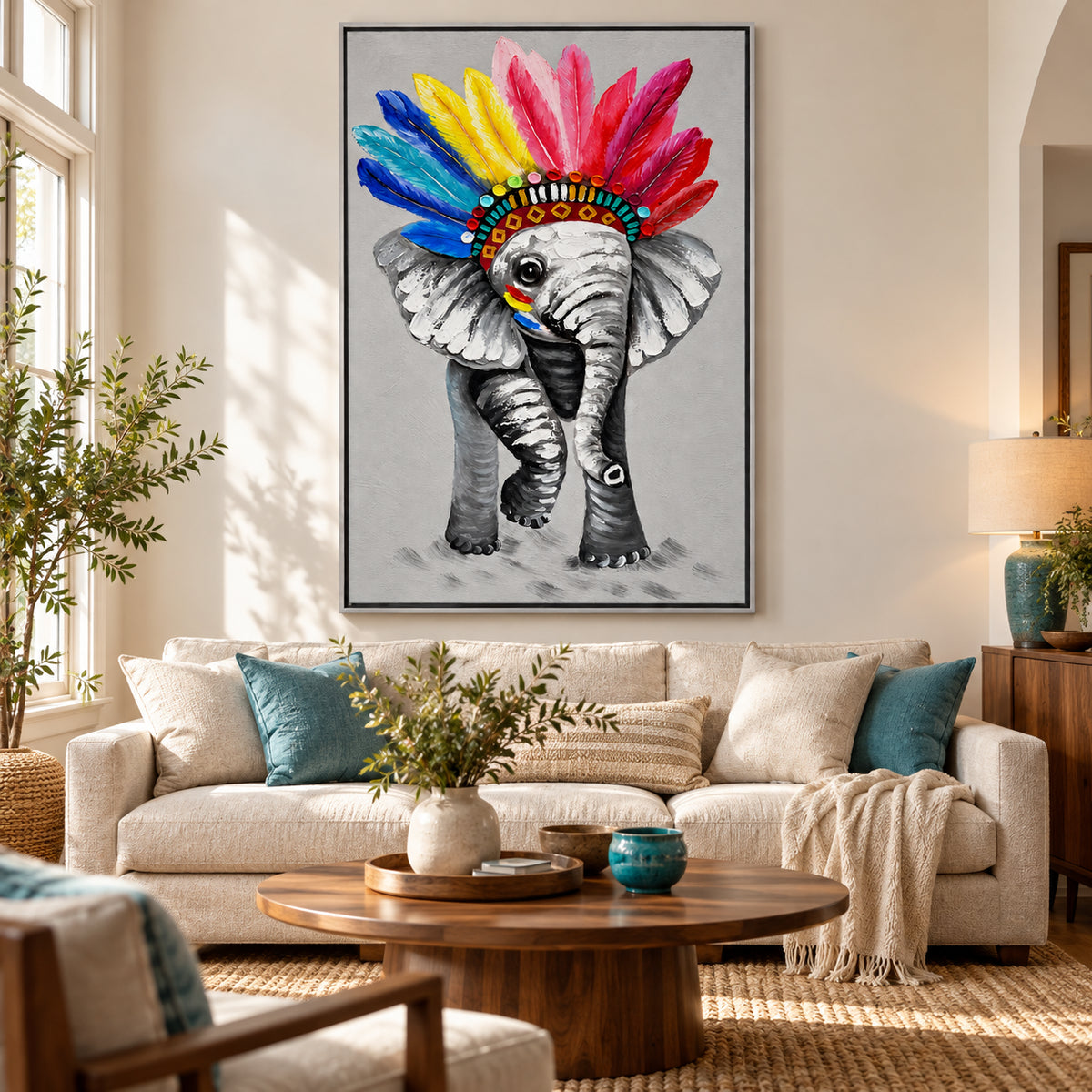 Ownanart Hand-Painted Elephant Wearing a Colorful Feather Headdress Oil Painting – Whimsical Animal Portrait and Pop Art, 3D Textured Vertical Impasto Canvas Wall Art for Living Room Bedroom Entryway and Office #OA 1577