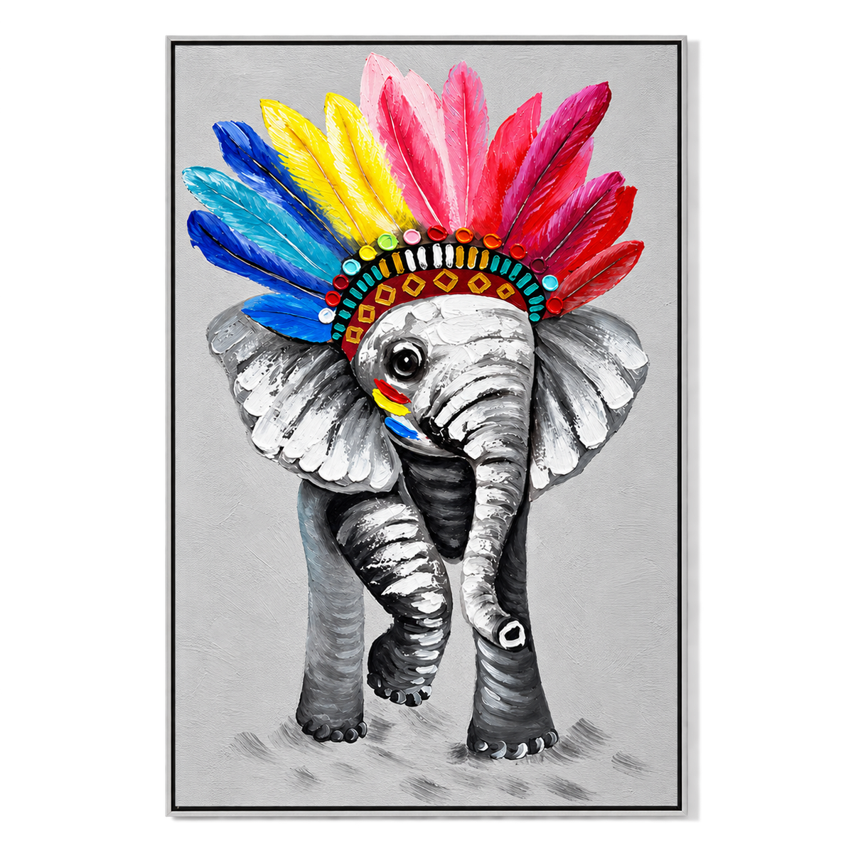Ownanart Hand-Painted Elephant Wearing a Colorful Feather Headdress Oil Painting – Whimsical Animal Portrait and Pop Art, 3D Textured Vertical Impasto Canvas Wall Art for Living Room Bedroom Entryway and Office #OA 1577