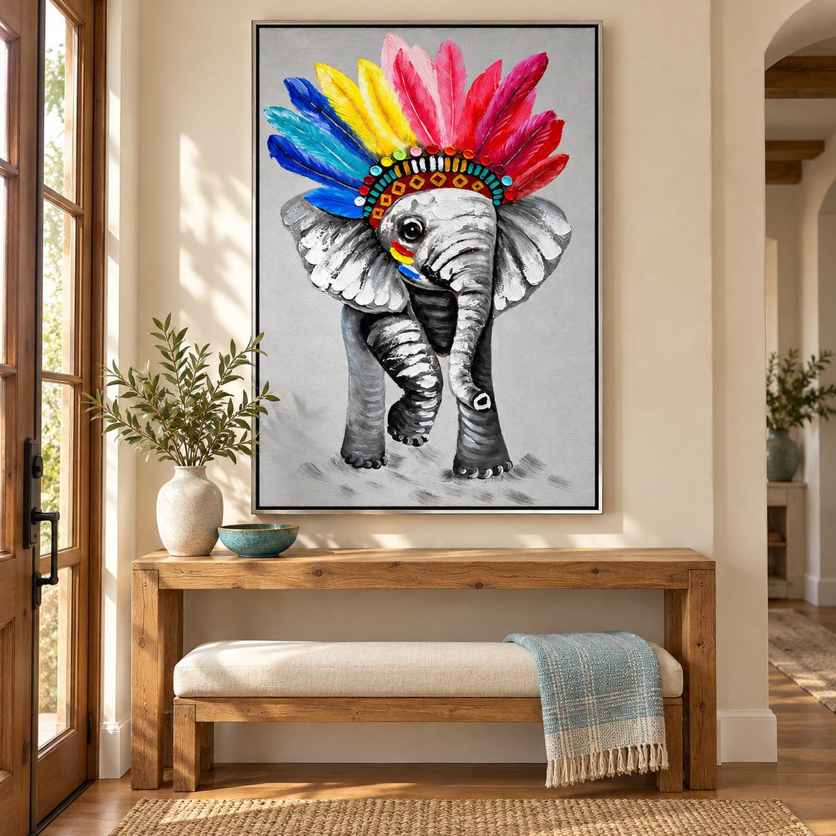 Ownanart Hand-Painted Elephant Wearing a Colorful Feather Headdress Oil Painting – Whimsical Animal Portrait and Pop Art, 3D Textured Vertical Impasto Canvas Wall Art for Living Room Bedroom Entryway and Office #OA 1577
