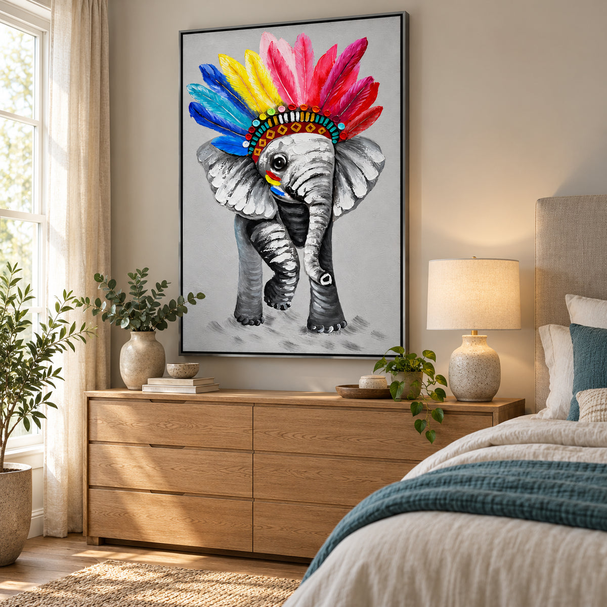 Ownanart Hand-Painted Elephant Wearing a Colorful Feather Headdress Oil Painting – Whimsical Animal Portrait and Pop Art, 3D Textured Vertical Impasto Canvas Wall Art for Living Room Bedroom Entryway and Office #OA 1577