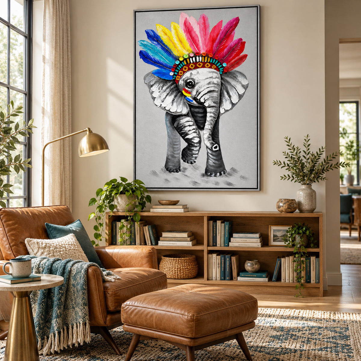 Ownanart Hand-Painted Elephant Wearing a Colorful Feather Headdress Oil Painting – Whimsical Animal Portrait and Pop Art, 3D Textured Vertical Impasto Canvas Wall Art for Living Room Bedroom Entryway and Office #OA 1577