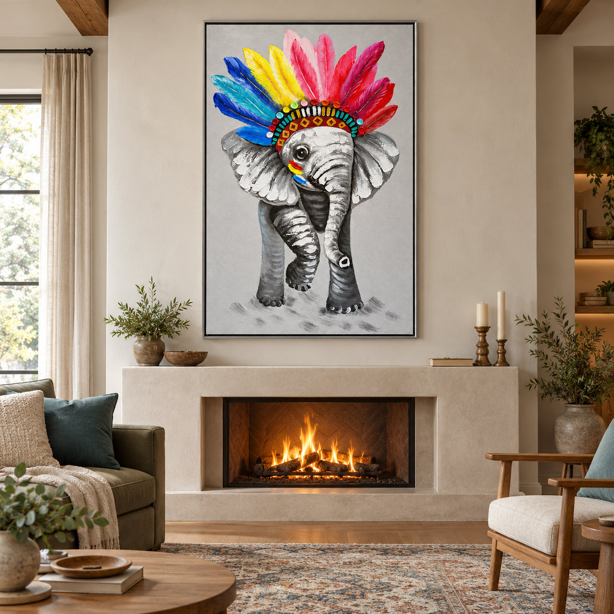 Ownanart Hand-Painted Elephant Wearing a Colorful Feather Headdress Oil Painting – Whimsical Animal Portrait and Pop Art, 3D Textured Vertical Impasto Canvas Wall Art for Living Room Bedroom Entryway and Office #OA 1577
