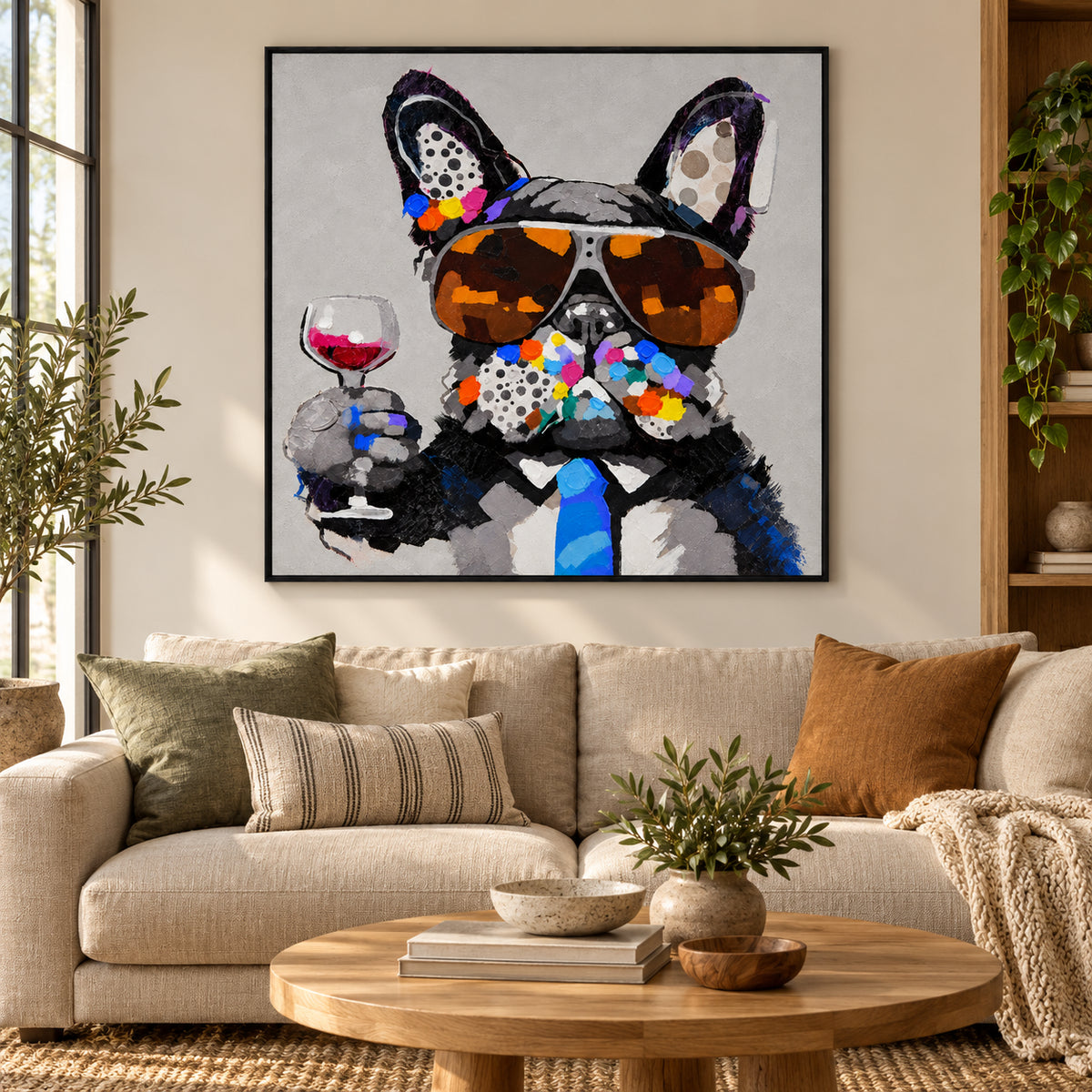 Ownanart Hand-Painted French Bulldog Wearing Aviator Sunglasses and Blue Tie Holding a Wine Glass Oil Painting – Modern Animal Art, 3D Textured Square Impasto Canvas Wall Art for Living Room Bedroom Entryway and Office #OA 1580