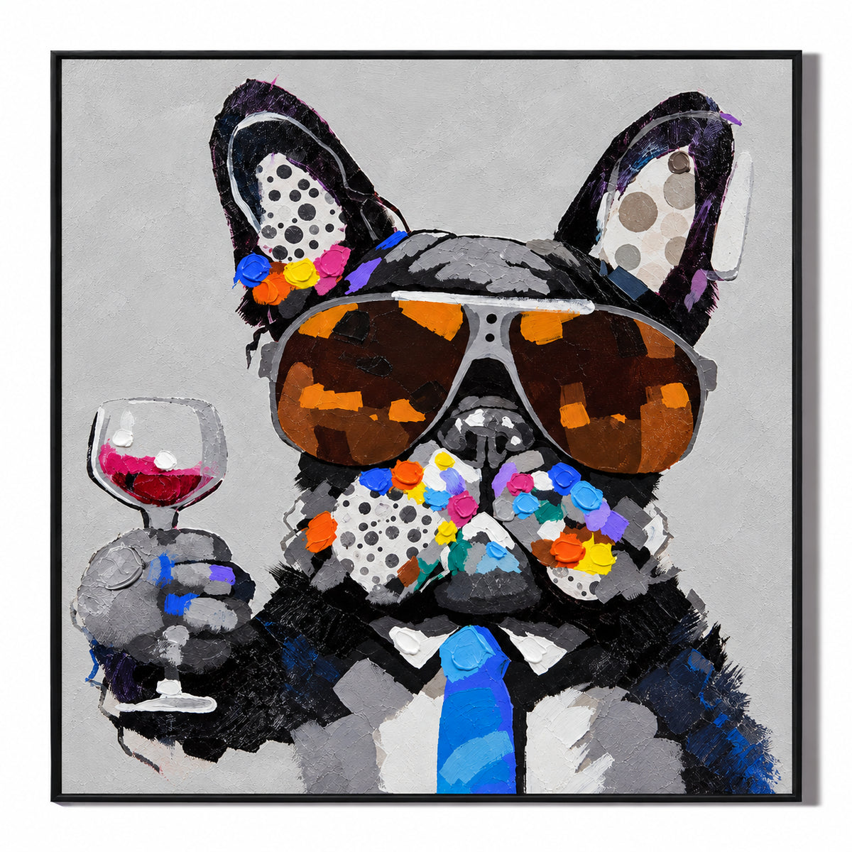 Ownanart Hand-Painted French Bulldog Wearing Aviator Sunglasses and Blue Tie Holding a Wine Glass Oil Painting – Modern Animal Art, 3D Textured Square Impasto Canvas Wall Art for Living Room Bedroom Entryway and Office #OA 1580
