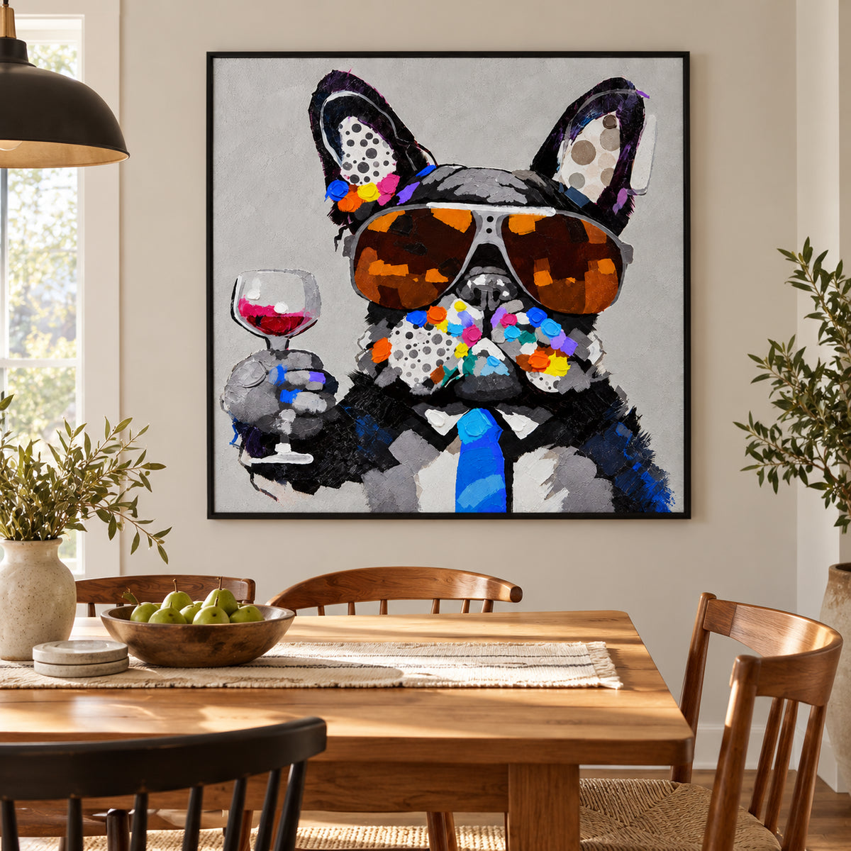 Ownanart Hand-Painted French Bulldog Wearing Aviator Sunglasses and Blue Tie Holding a Wine Glass Oil Painting – Modern Animal Art, 3D Textured Square Impasto Canvas Wall Art for Living Room Bedroom Entryway and Office #OA 1580