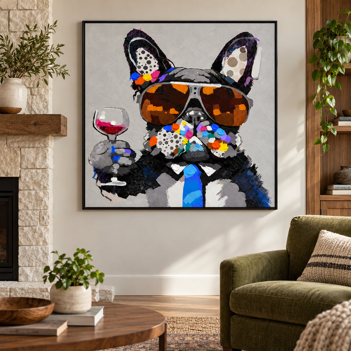 Ownanart Hand-Painted French Bulldog Wearing Aviator Sunglasses and Blue Tie Holding a Wine Glass Oil Painting – Modern Animal Art, 3D Textured Square Impasto Canvas Wall Art for Living Room Bedroom Entryway and Office #OA 1580