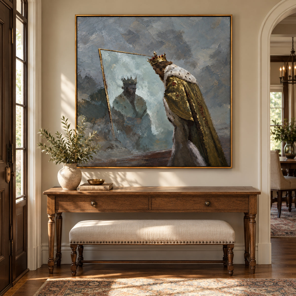 Ownanart Hand-Painted King Looking into a Mirror Oil Painting – Royal Portrait and Reflective Figurative Art, 3D Textured Square Impasto Canvas Wall Art for Living Room Bedroom Entryway and Office #OA 1576