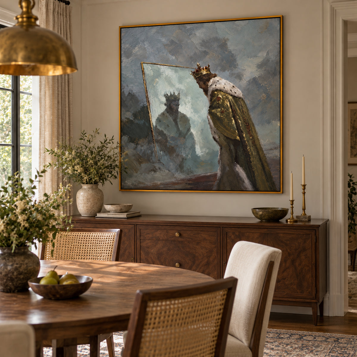Ownanart Hand-Painted King Looking into a Mirror Oil Painting – Royal Portrait and Reflective Figurative Art, 3D Textured Square Impasto Canvas Wall Art for Living Room Bedroom Entryway and Office #OA 1576