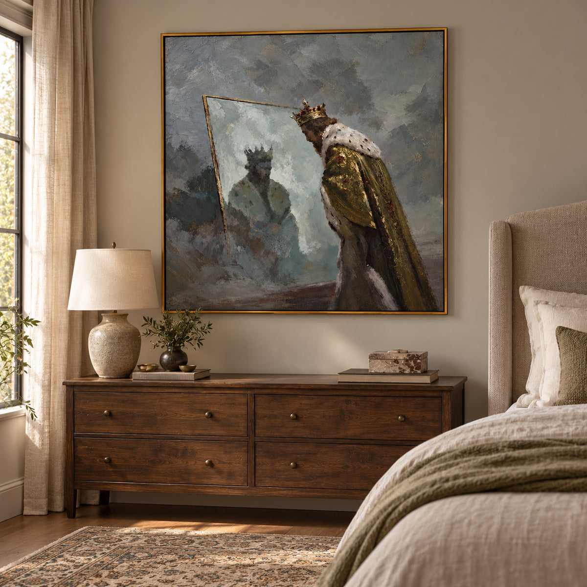Ownanart Hand-Painted King Looking into a Mirror Oil Painting – Royal Portrait and Reflective Figurative Art, 3D Textured Square Impasto Canvas Wall Art for Living Room Bedroom Entryway and Office #OA 1576