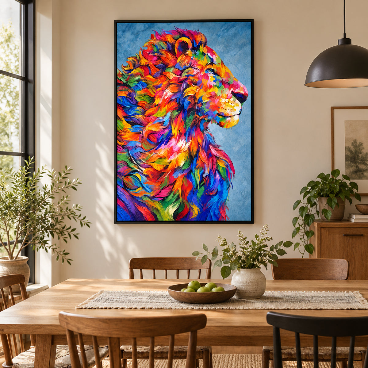 Ownanart Hand-Painted Right Facing Lion with Flowing Rainbow Mane Oil Painting – Modern Animal Art, 3D Textured Vertical Impasto Canvas Wall Art for Living Room Bedroom Entryway and Office #OA 1584