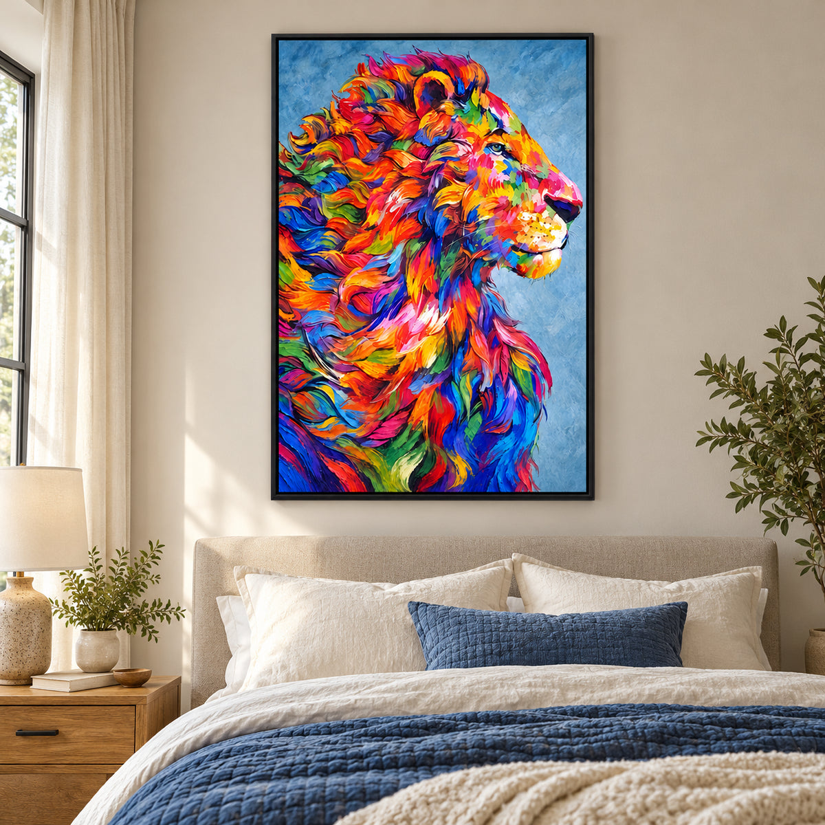 Ownanart Hand-Painted Right Facing Lion with Flowing Rainbow Mane Oil Painting – Modern Animal Art, 3D Textured Vertical Impasto Canvas Wall Art for Living Room Bedroom Entryway and Office #OA 1584