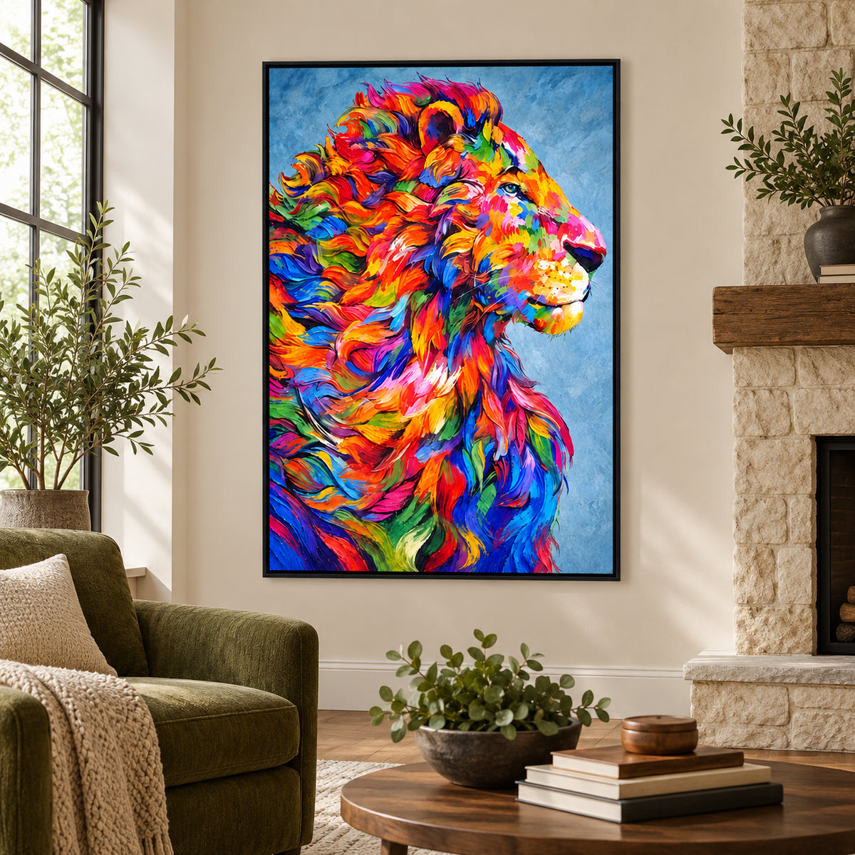 Ownanart Hand-Painted Right Facing Lion with Flowing Rainbow Mane Oil Painting – Modern Animal Art, 3D Textured Vertical Impasto Canvas Wall Art for Living Room Bedroom Entryway and Office #OA 1584