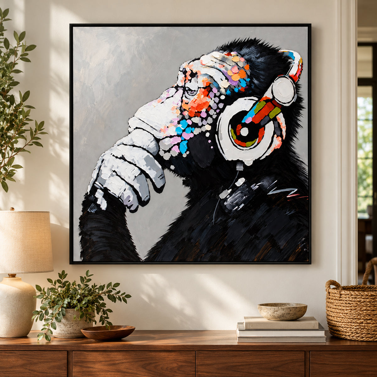 Ownanart Hand-Painted Thoughtful Chimpanzee Wearing Colorful Headphones Oil Painting – Modern Animal Art, 3D Textured Square Impasto Canvas Wall Art for Living Room Bedroom Entryway and Office #OA 1581