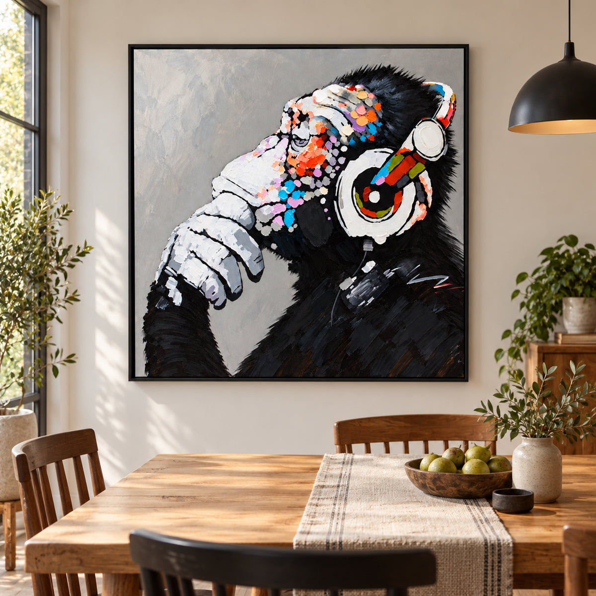 Ownanart Hand-Painted Thoughtful Chimpanzee Wearing Colorful Headphones Oil Painting – Modern Animal Art, 3D Textured Square Impasto Canvas Wall Art for Living Room Bedroom Entryway and Office #OA 1581