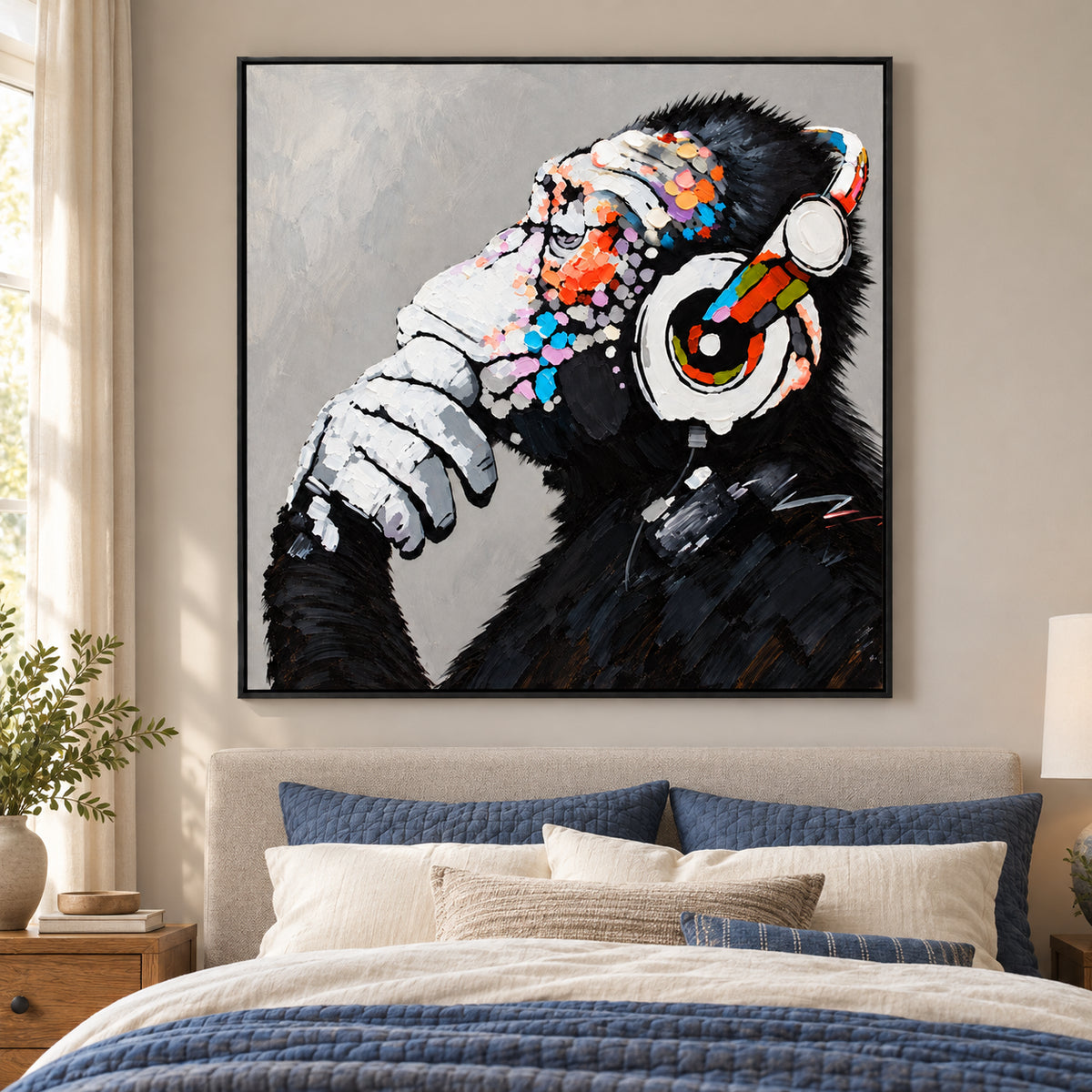 Ownanart Hand-Painted Thoughtful Chimpanzee Wearing Colorful Headphones Oil Painting – Modern Animal Art, 3D Textured Square Impasto Canvas Wall Art for Living Room Bedroom Entryway and Office #OA 1581