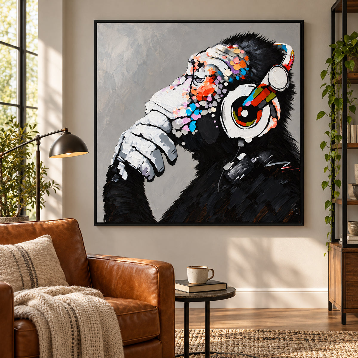 Ownanart Hand-Painted Thoughtful Chimpanzee Wearing Colorful Headphones Oil Painting – Modern Animal Art, 3D Textured Square Impasto Canvas Wall Art for Living Room Bedroom Entryway and Office #OA 1581