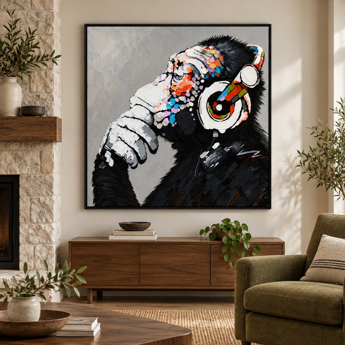 Ownanart Hand-Painted Thoughtful Chimpanzee Wearing Colorful Headphones Oil Painting – Modern Animal Art, 3D Textured Square Impasto Canvas Wall Art for Living Room Bedroom Entryway and Office #OA 1581