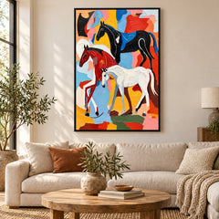 Three Black White and Chestnut Horses Oil Painting – Modern Animal Art #OA 1583