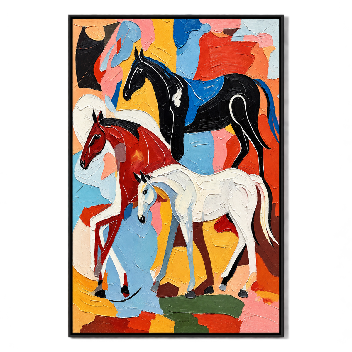 Ownanart Hand-Painted Three Black White and Chestnut Horses Oil Painting – Modern Animal Art, 3D Textured Vertical Impasto Canvas Wall Art for Living Room Bedroom Entryway and Office #OA 1583
