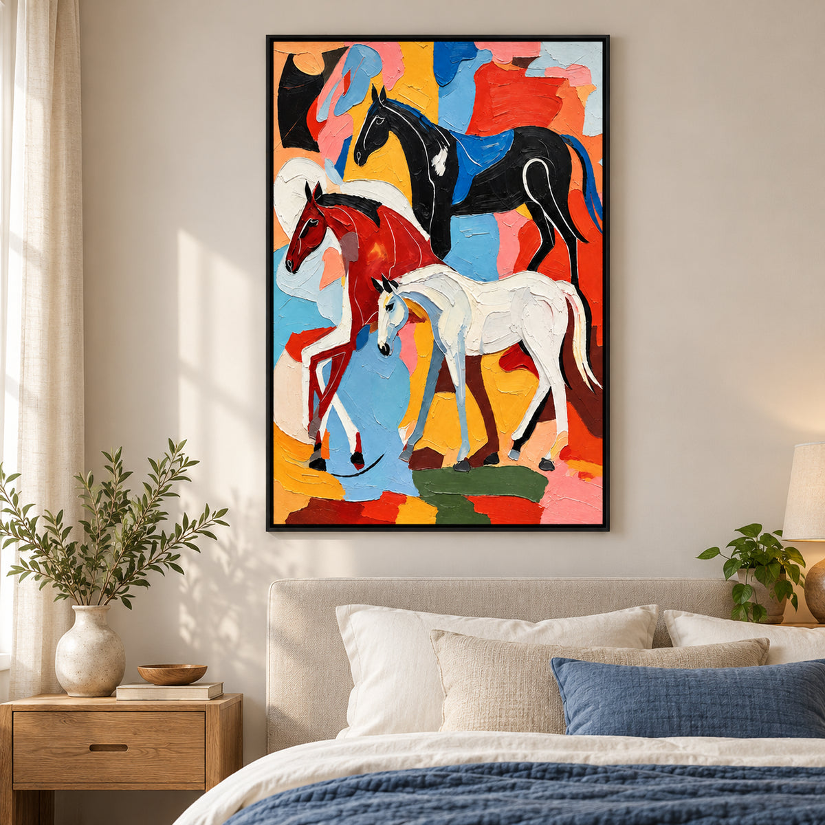 Ownanart Hand-Painted Three Black White and Chestnut Horses Oil Painting – Modern Animal Art, 3D Textured Vertical Impasto Canvas Wall Art for Living Room Bedroom Entryway and Office #OA 1583