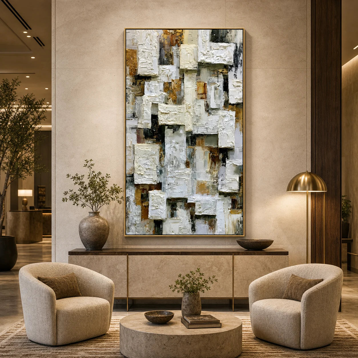 Modern Abstract Geometric Hand-Painted Oil Painting | Heavy Texture Minimalist Wall Art | Neutral White & Gold Contemporary Canvas Artwork for Living Room, Office & Hotel OA # 1090