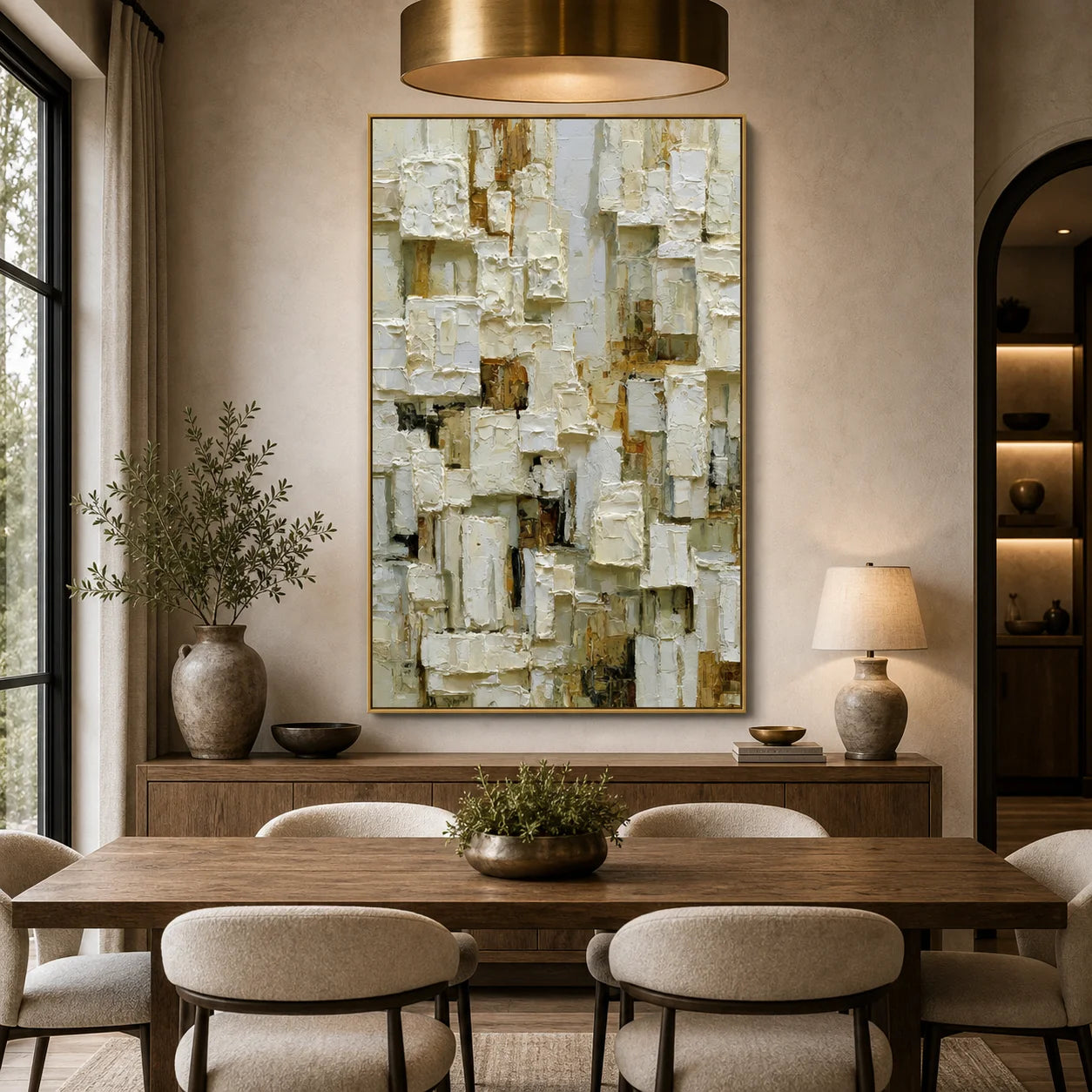 Modern Abstract Geometric Hand-Painted Oil Painting | Heavy Texture Minimalist Wall Art | Neutral White & Gold Contemporary Canvas Artwork for Living Room, Office & Hotel OA # 1090