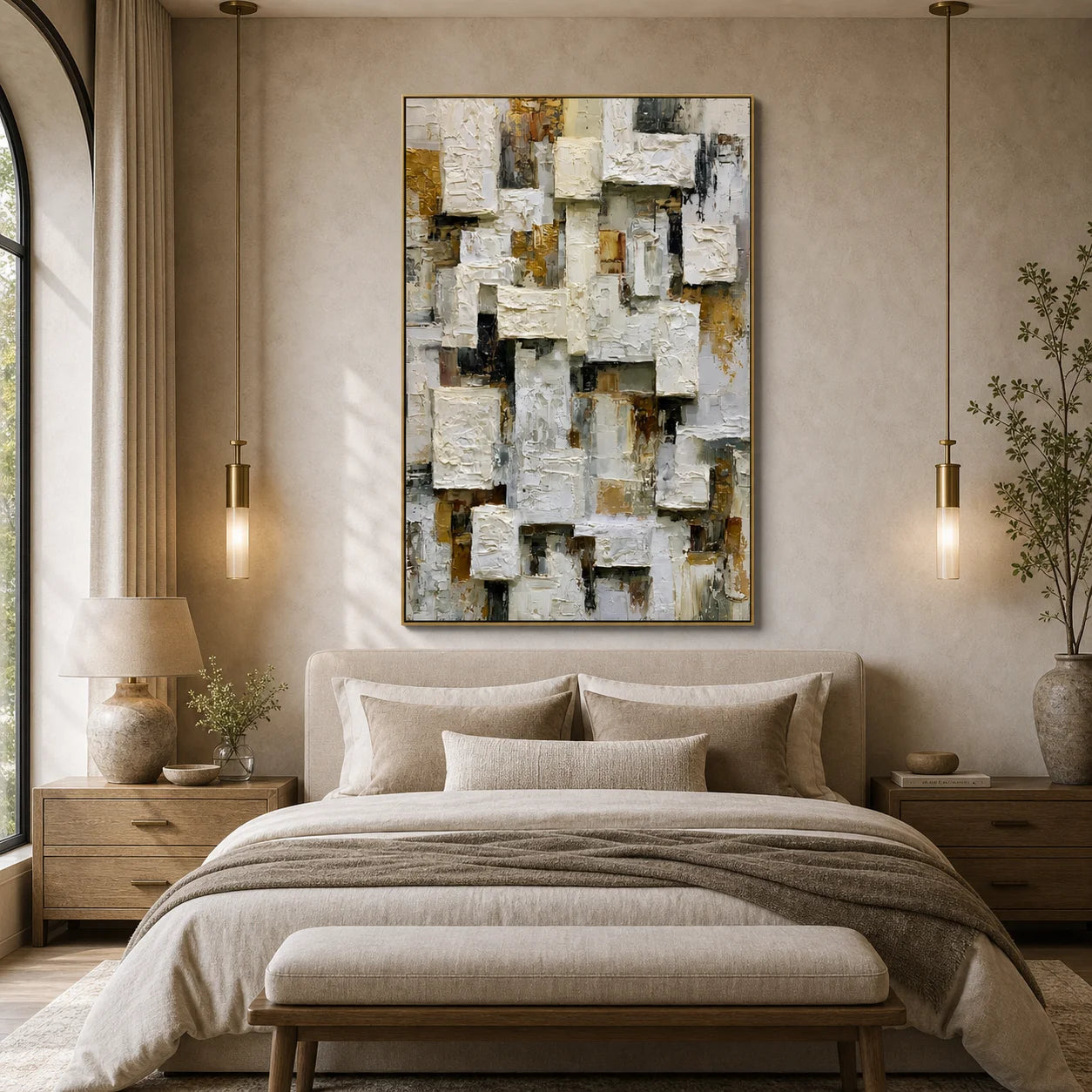 Modern Abstract Geometric Hand-Painted Oil Painting | Heavy Texture Minimalist Wall Art | Neutral White & Gold Contemporary Canvas Artwork for Living Room, Office & Hotel OA # 1090
