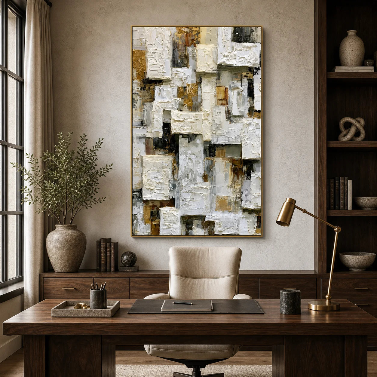 Modern Abstract Geometric Hand-Painted Oil Painting | Heavy Texture Minimalist Wall Art | Neutral White & Gold Contemporary Canvas Artwork for Living Room, Office & Hotel OA # 1090