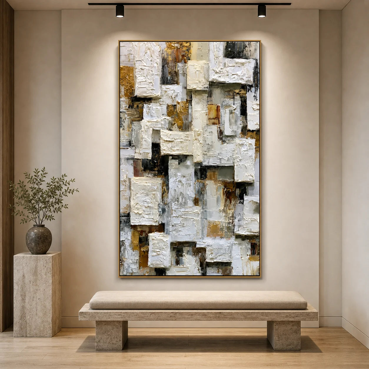 Modern Abstract Geometric Hand-Painted Oil Painting | Heavy Texture Minimalist Wall Art | Neutral White & Gold Contemporary Canvas Artwork for Living Room, Office & Hotel OA # 1090