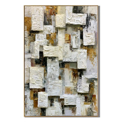 Modern Abstract Geometric Hand-Painted Oil Painting | Heavy Texture Minimalist Wall Art | Neutral White & Gold Contemporary Canvas Artwork for Living Room, Office & Hotel # OA 1090