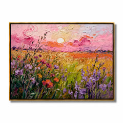 Large Wildflower Sunset Landscape Wall Art – Colorful Floral Field Oil Painting Canvas