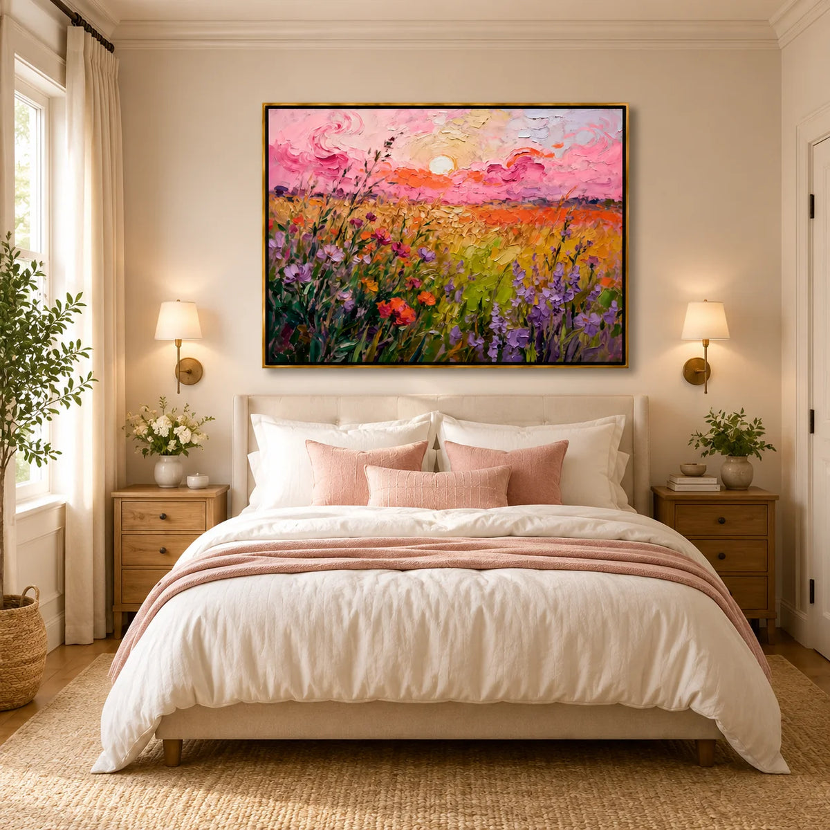 Large Wildflower Sunset Landscape Wall Art – Colorful Floral Field Oil Painting Canvas