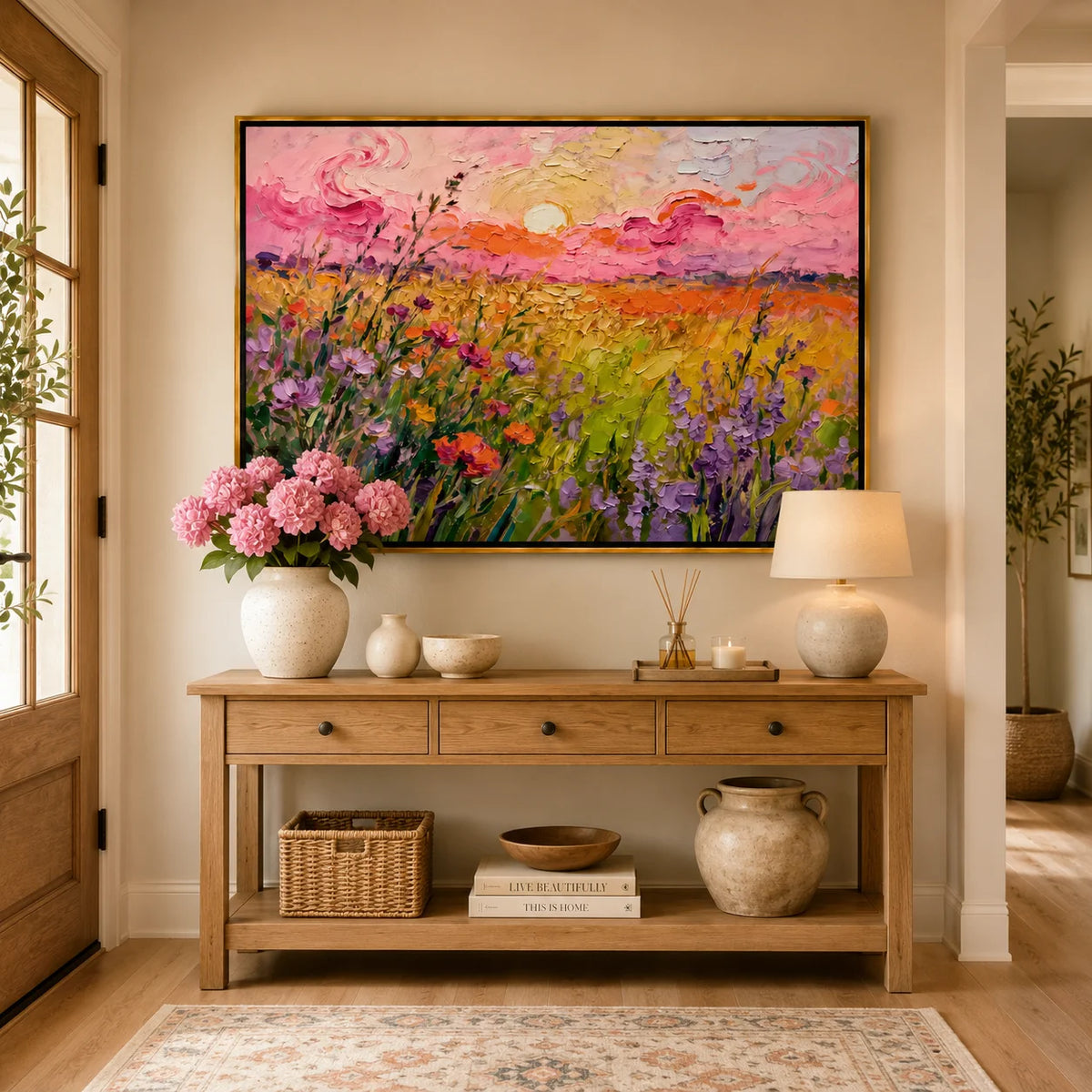 Large Wildflower Sunset Landscape Wall Art – Colorful Floral Field Oil Painting Canvas