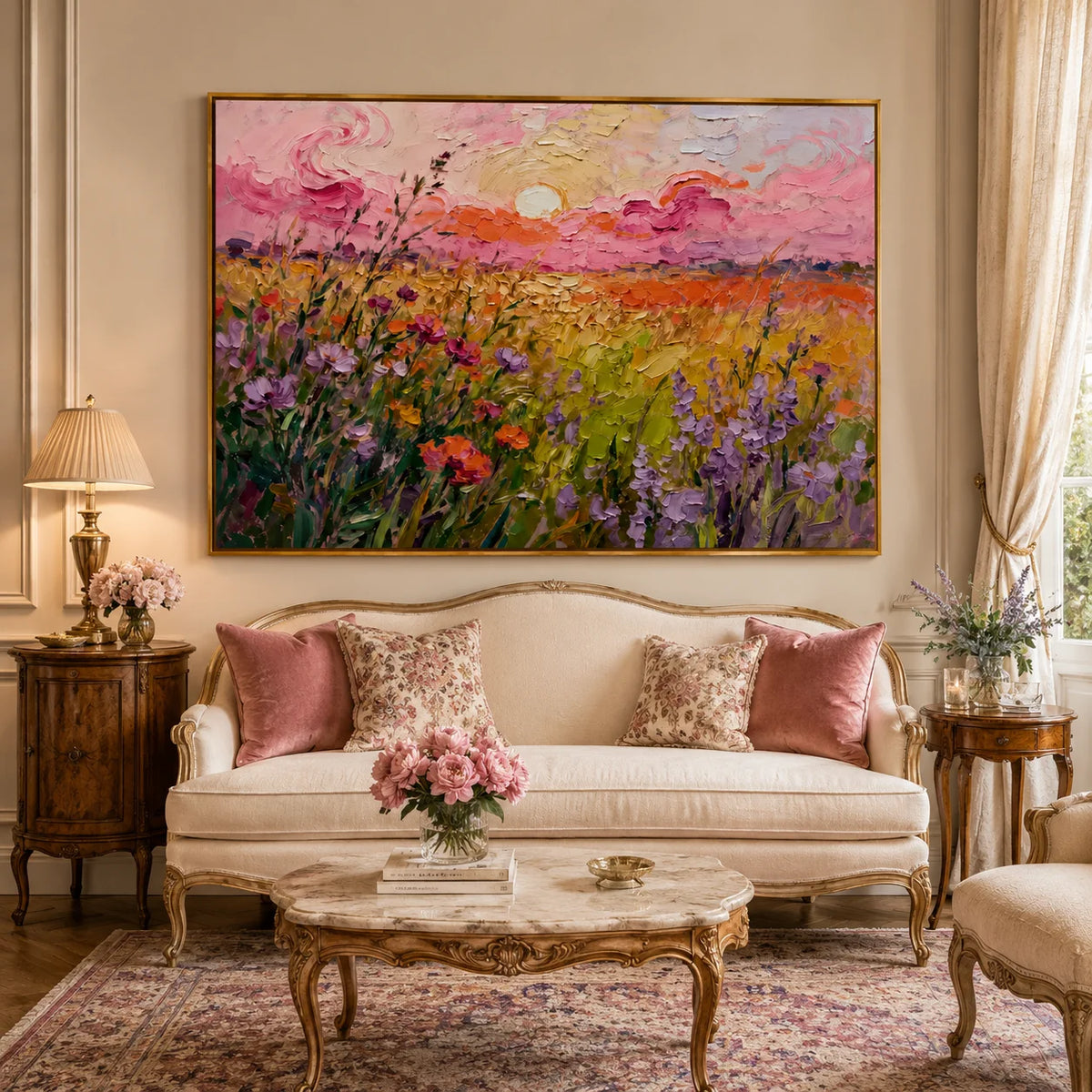 Large Wildflower Sunset Landscape Wall Art – Colorful Floral Field Oil Painting Canvas