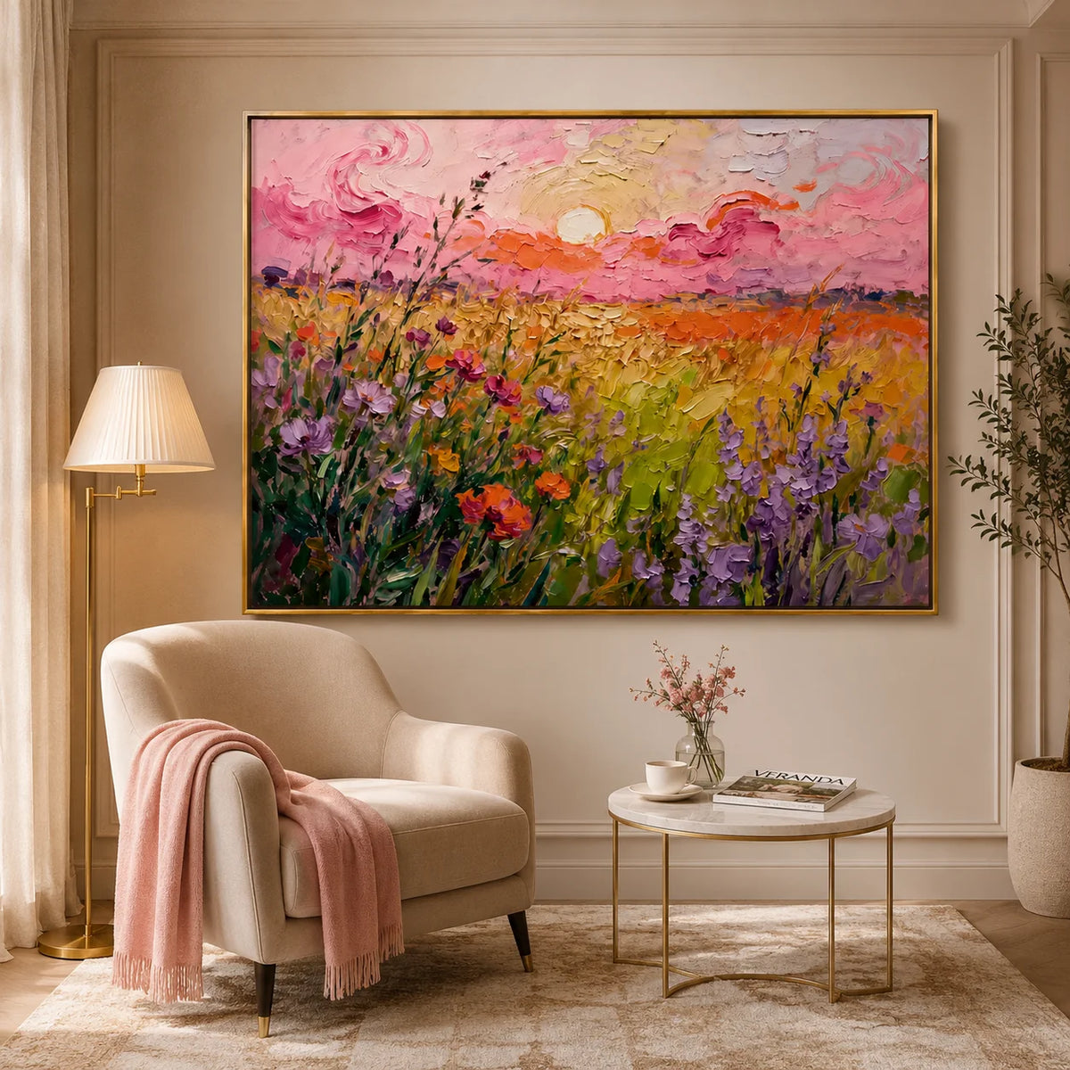Large Wildflower Sunset Landscape Wall Art – Colorful Floral Field Oil Painting Canvas