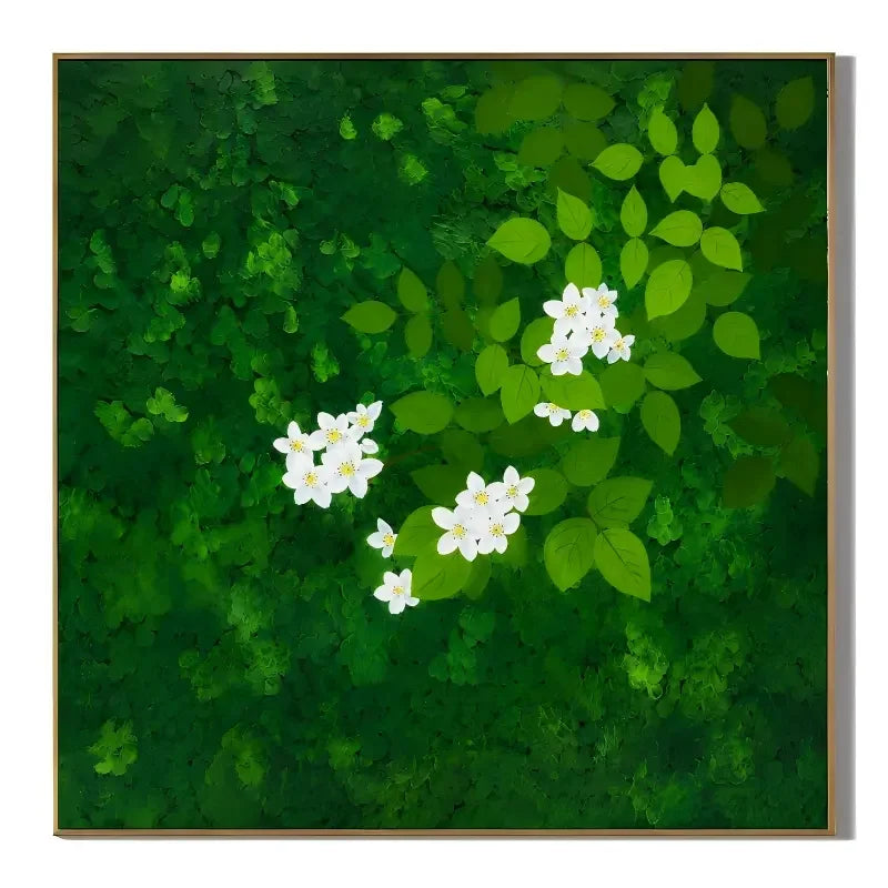 Ownanart Original Hand-Painted Green Forest & White Flower Oil Painting – Modern Botanical Leaf Impasto Floral Wall Art, Nature-Inspired Green Artwork  # OA 1335