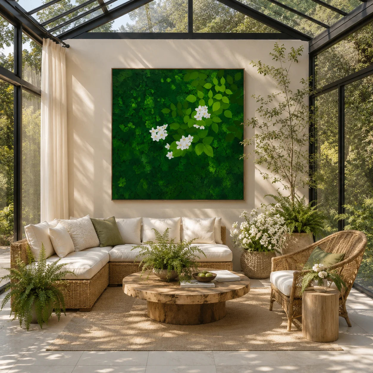 Ownanart Original Hand-Painted Green Forest & White Flower Oil Painting – Modern Botanical Leaf Impasto Floral Wall Art, Nature-Inspired Green Artwork  # OA 1335