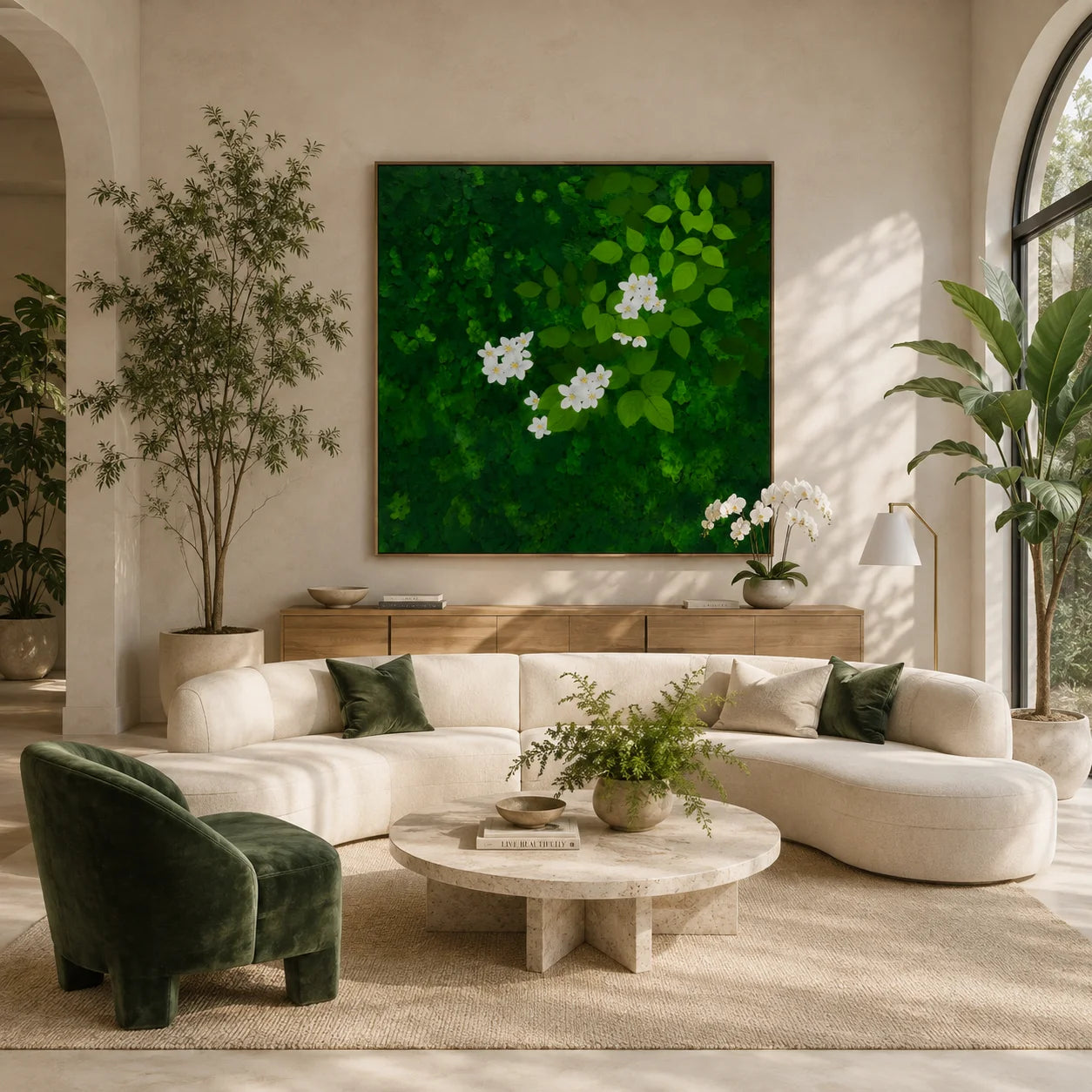 Ownanart Original Hand-Painted Green Forest & White Flower Oil Painting – Modern Botanical Leaf Impasto Floral Wall Art, Nature-Inspired Green Artwork  # OA 1335