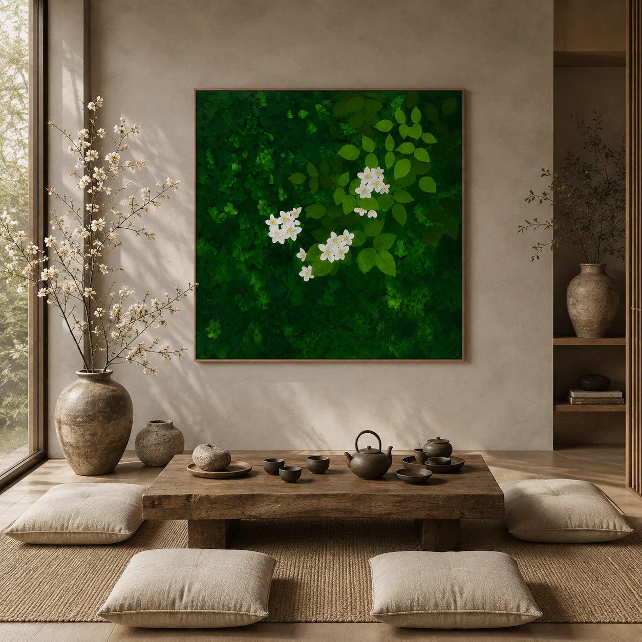 Ownanart Original Hand-Painted Green Forest & White Flower Oil Painting – Modern Botanical Leaf Impasto Floral Wall Art, Nature-Inspired Green Artwork  # OA 1335