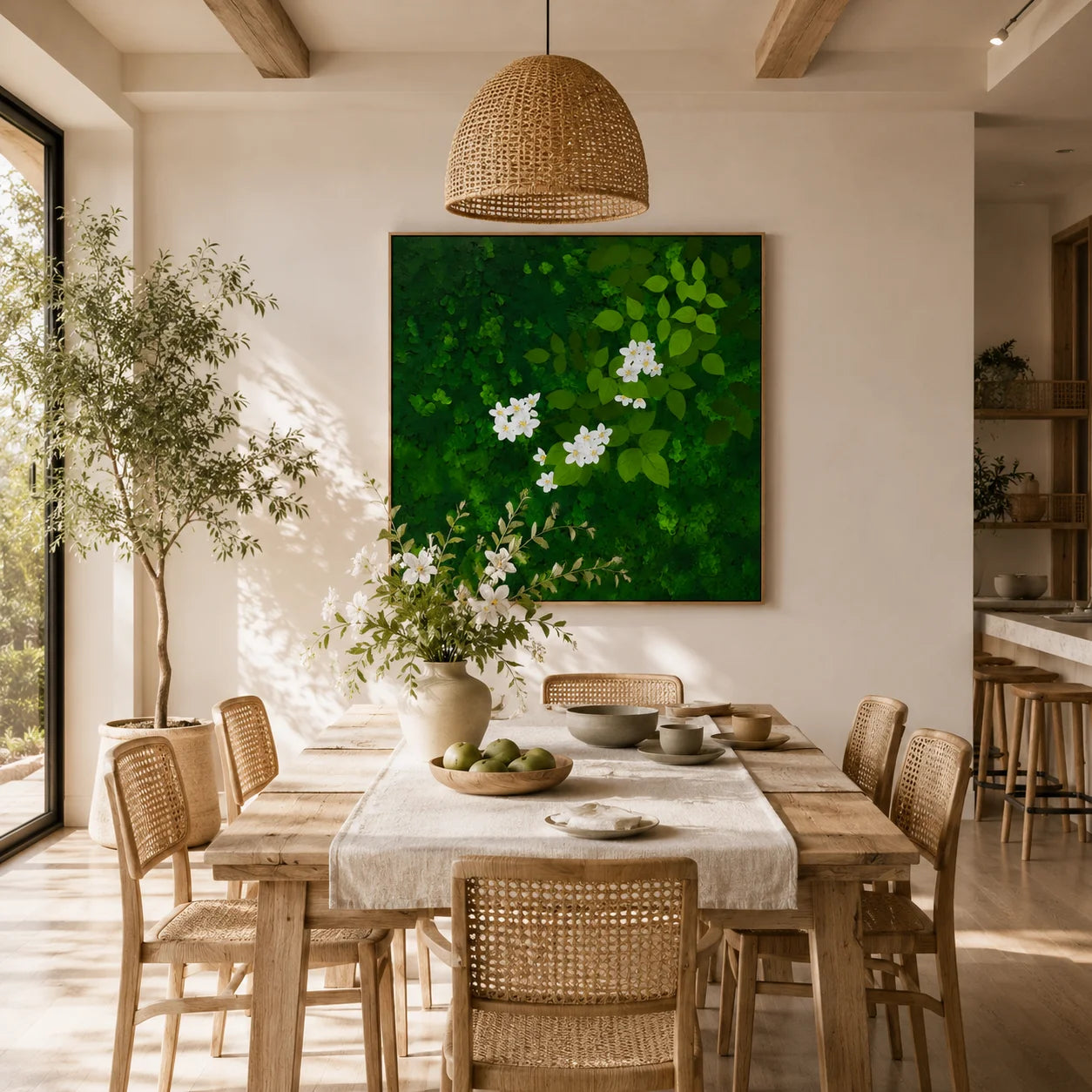 Ownanart Original Hand-Painted Green Forest & White Flower Oil Painting – Modern Botanical Leaf Impasto Floral Wall Art, Nature-Inspired Green Artwork  # OA 1335