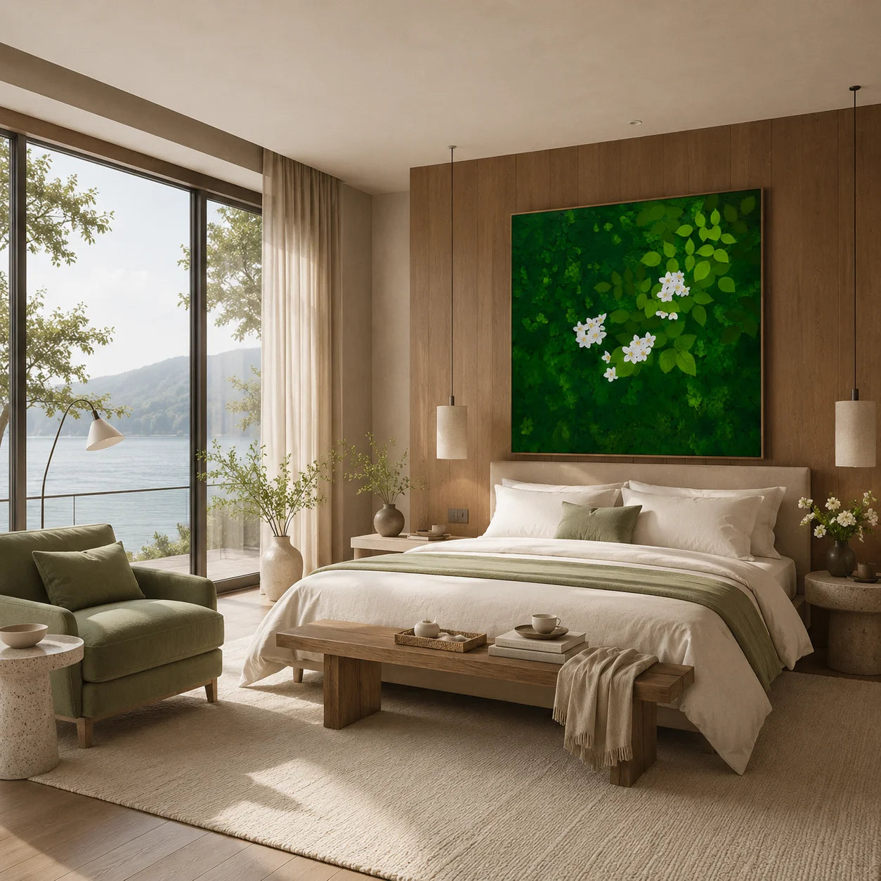 Ownanart Original Hand-Painted Green Forest & White Flower Oil Painting – Modern Botanical Leaf Impasto Floral Wall Art, Nature-Inspired Green Artwork  # OA 1335