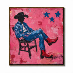 Pink Cowboy Hand-Painted Oil Painting, Textured Western Wall Art with Red Boots for Modern Home Decor #OA 0962