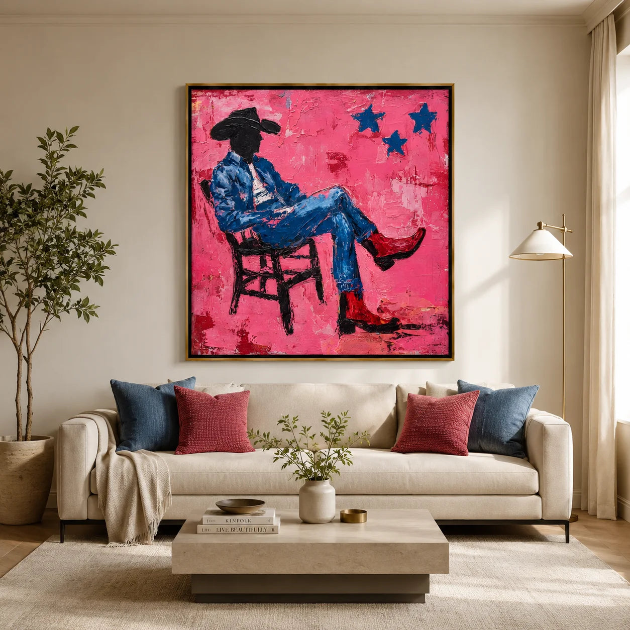 Pink Cowboy Hand-Painted Oil Painting, Textured Western Wall Art with Red Boots for Modern Home Decor #OA0962